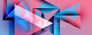Soyut geometrik şekiller örtüşüyor, canlı renk eğimleri yaratıyor. Pembe, mavi, mor renkler tasarımda baskın. Modern estetik.