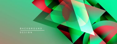 Soyut geometrik şekiller örtüşüyor, canlı renk eğimleri yaratıyor. Yeşil, arka planda baskın, kırmızı ve sarı renklerde vurgulanıyor. Modern tasarım ögesi.