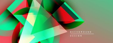 Soyut geometrik şekiller örtüşüyor, canlı renk eğimleri yaratıyor. Tasarım yeşil, kırmızı, beyaz renklere sahiptir. Modern estetik.