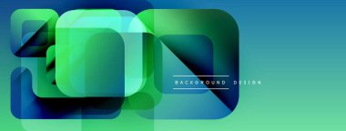 Soyut geometrik şekiller örtüşür, parlak mavi, yeşil eğimler yaratır. Arkaplan, pankart ve sunumlar için modern tasarım ögesi.