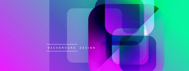 Soyut geometrik şekiller örtüşür, canlı bir değişim etkisi yaratır. Mor, mavi, yeşil renkler tasarımda baskın. Modern, dinamik kompozisyon.