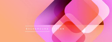 Soyut geometrik şekiller örtüşür, canlı bir gradyan arkaplan oluşturur. Şeftali, pembe, mor renkler tasarımda baskın. Modern estetik.