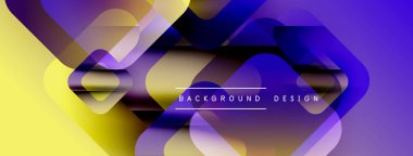 Soyut geometrik şekiller örtüşür, parlak sarı ve mor renkler yaratır. Modern tasarım elementleri dijital sanatı, sıvı formları öneriyor.