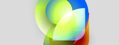 Soyut, enerjik şekiller çakışıyor. Renkler karışıyor, modern tasarım yaratıyor. Açık gri arkaplan karşıtlık sağlar.