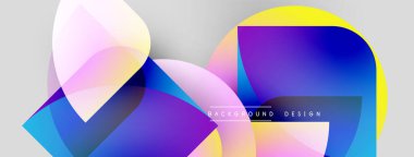 Soyut şekiller örtüşüyor, canlı renk değişimleri yaratıyor. Modern tasarım düz geçişler, ışık efektleri, gri arkaplan.
