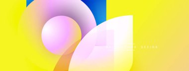 Soyut geometrik şekiller çakışıyor. Sarı, mavi, pembe renkler dinamik kompozisyon yaratır. Arka planlar için modern tasarım ögesi.