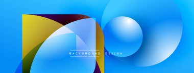 Soyut geometrik şekiller örtüşür, parlak mavi, sarı ve mor renkler yaratır. Modern tasarım elementleri dinamik bileşimi önerir.