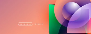 Soyut geometrik şekiller örtüşüyor, canlı renk eğimleri yaratıyor. Şeftali arkaplanı mor, yeşil, turuncu renkleri tamamlar. Modern tasarım ögesi.