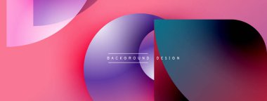 Soyut geometrik şekiller örtüşüyor, canlı renk eğimleri yaratıyor. Pembe, mor, mavi renkler dizaynda baskın. Modern estetik.