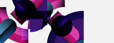 Soyut geometrik şekiller örtüşüyor, canlı mor, pembe, mavi bileşim oluşturuyor. Modern tasarım, temiz çizgiler, minimalist estetik.