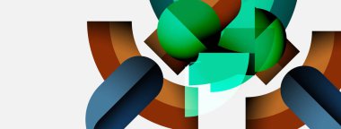 Soyut geometrik şekiller örtüşür, dinamik bileşim yaratır. Renkler arasında deniz mavisi, kahverengi, deniz mavisi, beyaz var. Modern tasarım elemanları.