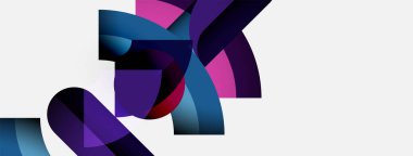 Soyut kurdeleler birbirine dolanır ve dinamik kompozisyon oluşturur. Mor, mavi, pembe renkler beyaz arkaplana hakim. Modern tasarım ögesi.