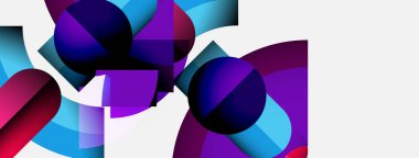 Üst üste binen daireler, canlı renkler, mor, mavi, kırmızı gradyanlar içeren soyut kompozisyon. Modern tasarım, temiz estetik, geometrik şekiller uzaya hakim..