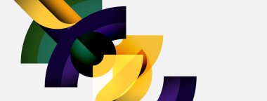 Soyut renkli kurdeleler birbirine dolanır ve dinamik şekiller yaratır. Parlak sarılar, koyu morlar, yeşiller modern tasarımı temsil ediyor. Yumuşak eğimler derinlik ekler.