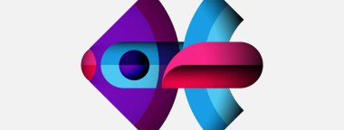 Soyut tasarım canlı örtüşen şekiller içerir. Mor, pembe, mavi renkler dinamik görsel etki yaratır. Modern estetik, temiz arkaplan.