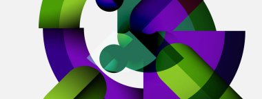 Soyut kompozisyon. Üst üste binen şekiller dinamik görsel efekt yaratır. Yeşil, mor, koyu tonlar tasarımda baskın. Modern, minimalist estetik.