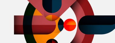 Üst üste binen daireler, dikdörtgenler içeren soyut bir kompozisyon. Sıcak, serin renkler dinamik görsel ilgi yaratır. Minimalist tasarım.