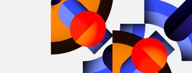 Soyut geometrik bileşim. Şekiller örtüşüyor, dinamik görsel ilgi yaratıyor. Renkler arasında kırmızı, mavi, turuncu, kahverengi, beyaz sayılabilir. Modern tasarım.