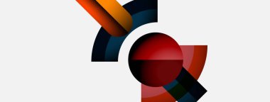 Soyut geometrik şekiller örtüşür, dinamik bileşim yaratır. Kırmızı çember merkeze hükmediyor, kıvrımlı çizgilerle tezat oluşturuyor. Minimalist tasarım.