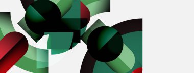 Soyut geometrik bileşim. Üst üste binen şekiller, daireler, dikdörtgenler dinamik görsel efekt yaratır. Yeşil, kırmızı, siyah renkler beyaz arkaplana hakim.