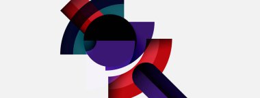 Soyut kompozisyon üst üste binen renkli şekiller içerir. Koyu arkaplan canlı kırmızılar, morlar, maviler ile zıtlaşır, dinamik görsel efekt yaratır.