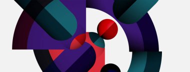 Soyut kompozisyon. Geometrik şekiller örtüşür, dinamik görsel efekt yaratır. Renkler kırmızı, mor, yeşil, siyah. Minimalist tasarım.