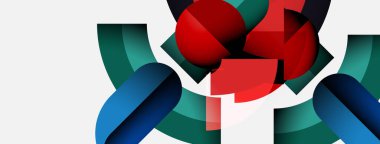 Soyut geometrik şekiller üst üste binerek canlı kırmızı, yeşil ve mavi bileşim oluşturur. Minimalist tasarım, temiz çizgiler, modern estetik..