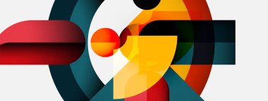 Soyut geometrik bileşim. Üst üste binen şekiller, canlı renkler, modern tasarım. Minimalist estetik, dinamik etkileşim.