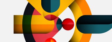 Üst üste binen renkli daireler, kıvrımlar, şekiller içeren soyut bir kompozisyon. Modern tasarım, canlı renkler, minimalist estetik.