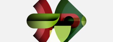 Soyut tasarım özellikleri üst üste binen yeşil, kırmızı şekiller. Yumuşak eğimli minimalist kompozisyon, dinamik görsel ilgi yaratıyor.