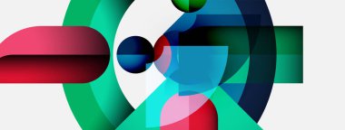 Soyut kompozisyon. Üst üste binen şekiller dinamik görsel deneyimler yaratır. Renkler karışıyor, ilginç desenler oluşturuyor. Modern tasarım.