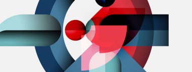 Soyut kompozisyon. Üst üste binen şekiller, canlı renkler, modern tasarım. Minimalist estetik, geometrik biçimler, dinamik etkileşim.