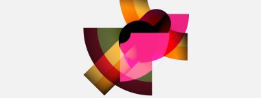 Soyut kompozisyon. Üst üste binen renkli şekiller, dinamik görsel ilgi yaratır. Pembe daha koyu renklerle tezat oluşturur. Modern tasarım.