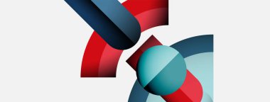 Soyut geometrik şekiller çakışıyor. Kırmızı, deniz mavisi, deniz tonları beyaz arka plana hakim. Modern tasarım, dinamik kompozisyon, mevcut temiz çizgiler.