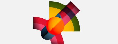 Soyut tasarım, merkezi küre ile örtüşen parlak kavisler içerir. Renkler kırmızı, sarı, yeşil, mavi, mor. Modern, dinamik kompozisyon.