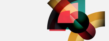 Soyut geometrik şekiller örtüşür, canlı renk karışımları yaratır. Bileşik özellikler eğriler, açılar, dinamik görsel enerji.