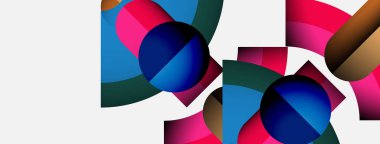 Üst üste binen daireler, kıvrımlar, canlı renkler içeren soyut kompozisyon. Modern tasarım, temiz estetik, geometrik şekiller görsel alana hakim..