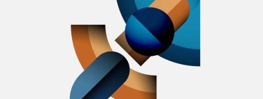 Soyut geometrik şekiller örtüşür, dinamik bileşim yaratır. Mavi, turuncu renkler beyaz arkaplana hükmediyor. Modern tasarım elemanları.