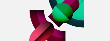 Soyut şekiller örtüşür, canlı bir bileşim yaratır. Yeşil küre, mor kıvrımlarla çevrili merkeze hükmediyor. Minimalist tasarım, temiz estetik.