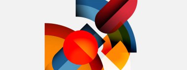 Soyut kompozisyon üst üste binen renkli şekiller içerir. Kırmızı, turuncu, mavi tonlar minimalist tasarıma hakim. Temiz çizgiler, modern estetik..