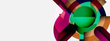 Soyut renkli şekiller dinamik kompozisyon oluşturur. Canlı renklere sahip modern tasarım, geometrik biçimler, temiz estetik..