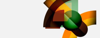 Soyut geometrik şekiller örtüşür, dinamik bileşim yaratır. Renkler turuncu, yeşil, kahverengi, bej. Minimalist tasarım, temiz arkaplan.