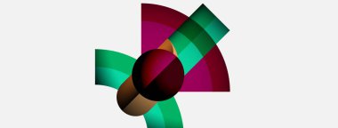 Soyut tasarım özellikleri üst üste binen kıvrımlı şekiller, canlı renkler. Kompozisyon, karanlık çemberin etrafında toplanır ve bölümler yayılır. Minimalist estetik.