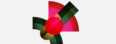 Soyut geometrik bileşim. Kırmızı küre merkezi, renkli kavisler kesişiyor. Minimalist tasarım, temiz çizgiler, modern estetik. Parlak renkler karşıtlık beyaz arkaplan.