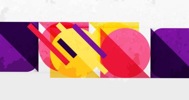 Soyut geometrik bileşim. Üst üste binen şekiller, canlı renkler, modern tasarım. Mor, sarı, pembe Görsel alan.