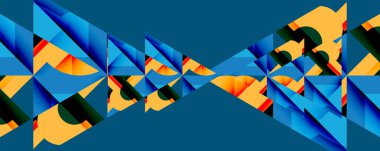 Soyut geometrik desen. Mavi, turuncu üçgenler simetrik, tekrarlayan dizayn yaratır. Canlı renkler, keskin açılar bileşimi tanımlar.