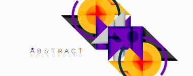 Geometrik şekiller örtüşür, canlı ve soyut bir tasarım yaratır. Turuncu, mor, gri renkler beyaz arkaplana hakim. Modern estetik.