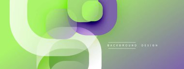 Soyut geometrik şekiller örtüşüyor, canlı yeşil, mor renkler yaratıyor. Arkaplan ve sunumlar için modern tasarım ögesi.