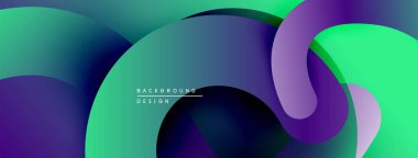 Soyut sıvı şekilleri, canlı gradyanlar. Modern tasarım, düz kıvrımlar, dinamik kompozisyon. Mor, yeşil renkler görsel alana hakim..