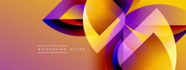 Soyut renkli tasarım. Üst üste binen şekiller dinamik görsel efekt yaratır. Arkaplanda turuncudan mora geçiş var. Modern estetik.